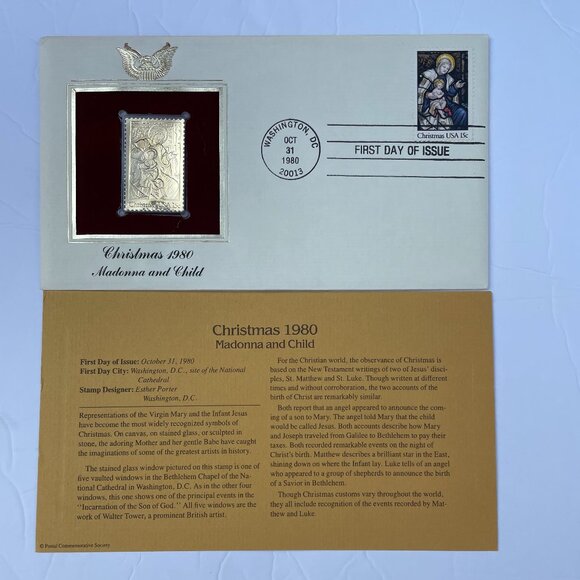 22kt Golden Replica Stamps 6 Piece Set Indian Art & Christmas 1980 - Picture 3 of 11